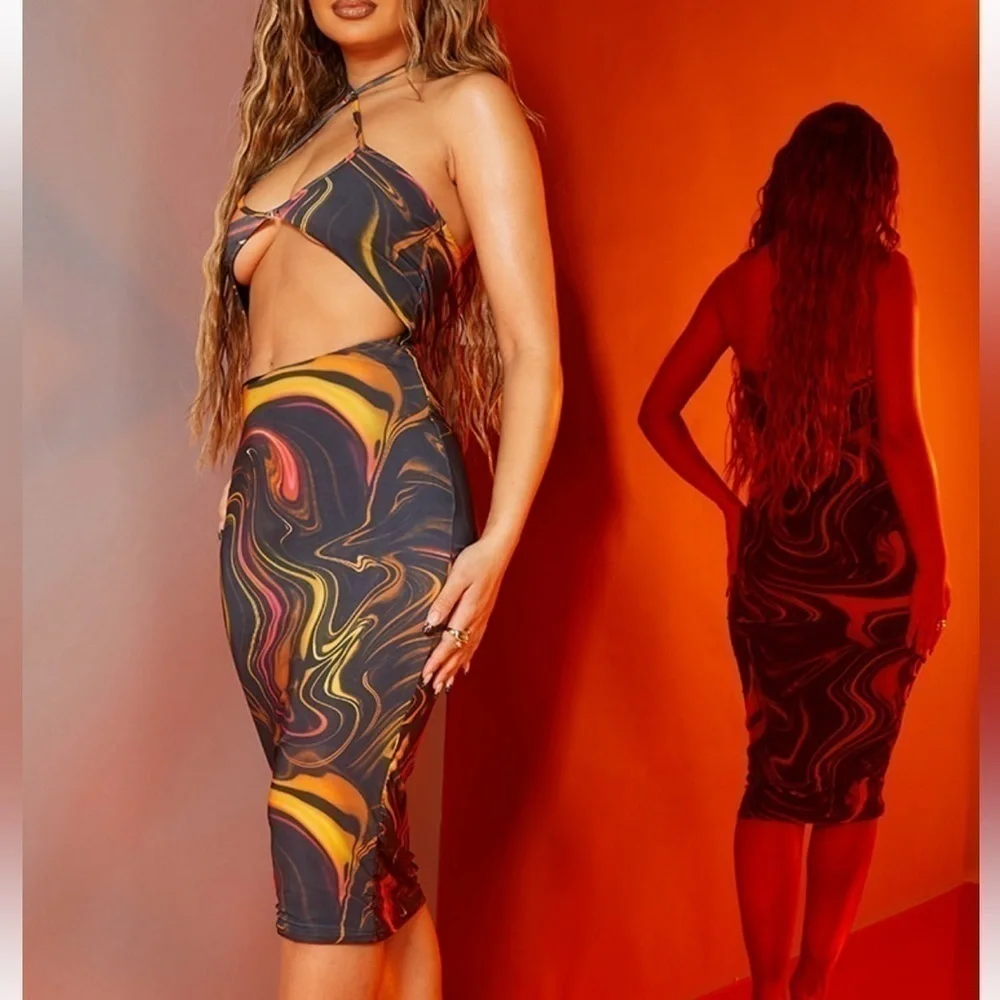 PRETTYLITTLETHING Orange Marbel Print Cut out Dress Size 4